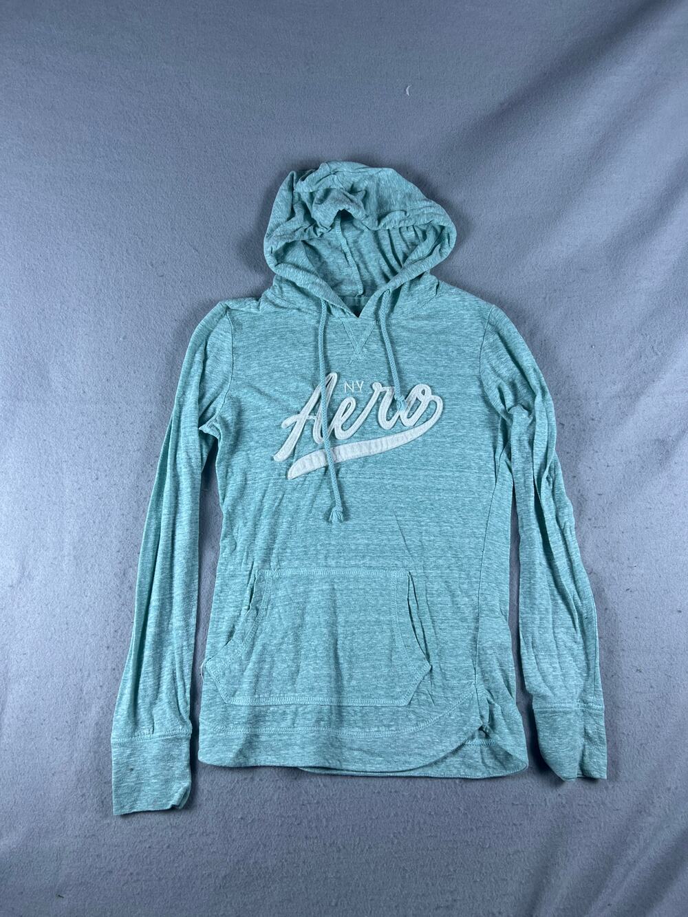 Aeropostale Hoodie Womens S Blue Teal Spellout Applique Pullover Sweatshirt Y2K